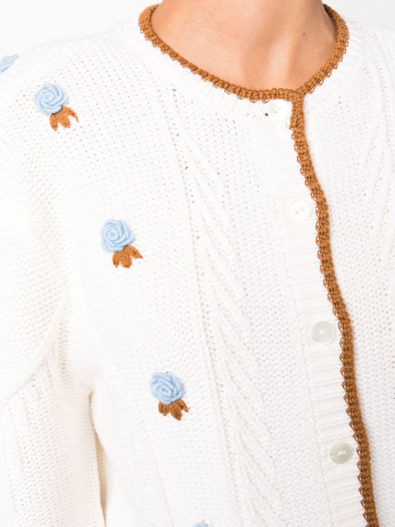 White Zinnia Floral-embroidered Cable Knit Cardigan