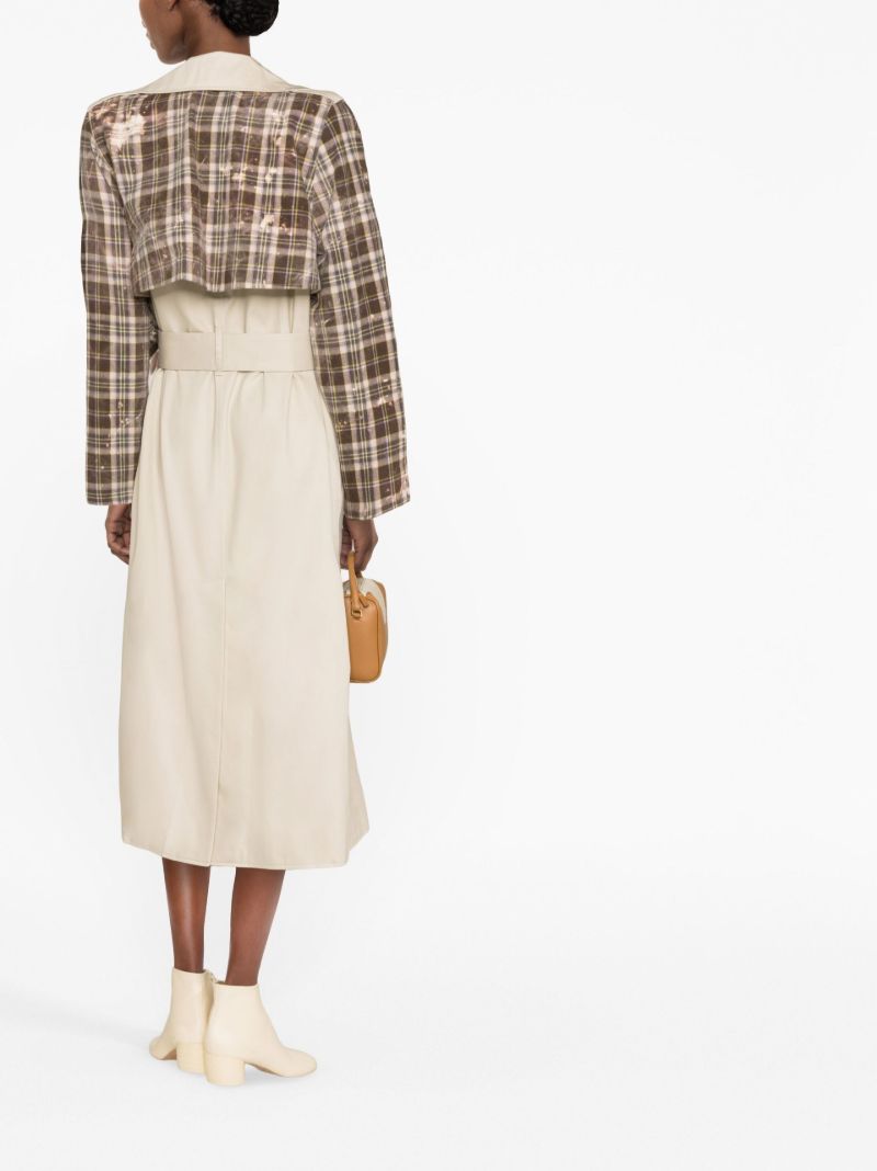 Neutral Checked Double-breasted Trench Coat