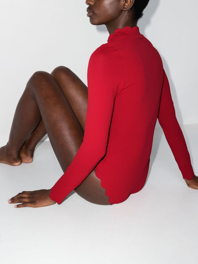 Red Scalloped Long-sleeve Swimsuit