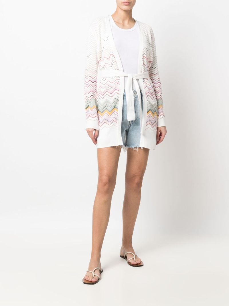 White Zigzag Pattern Belted Cardigan