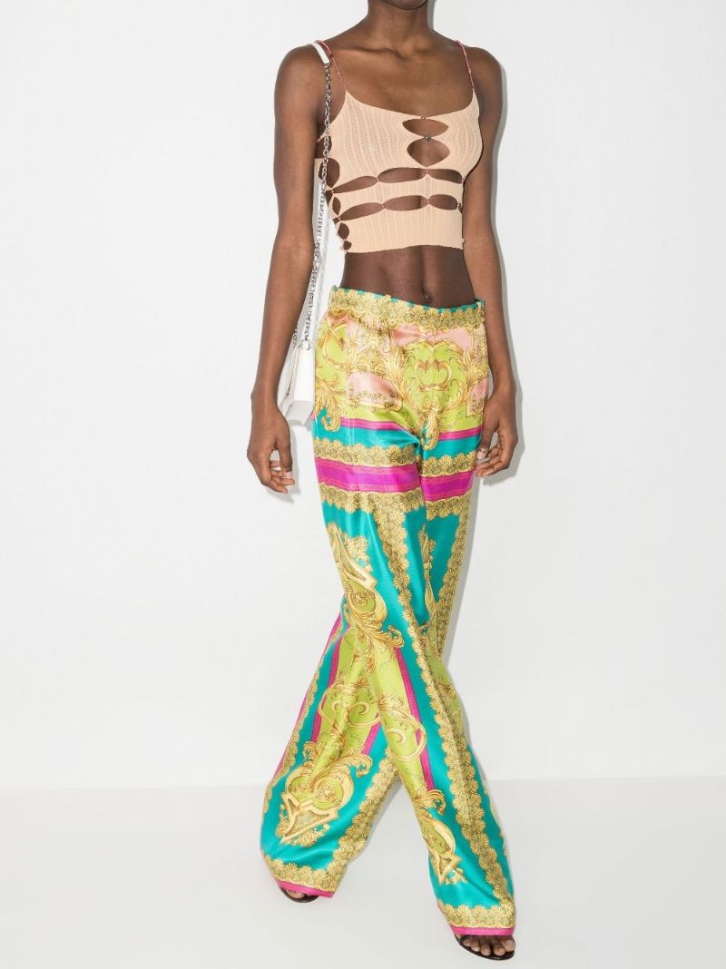 Barocco Goddess Print Wide Leg Silk Trousers