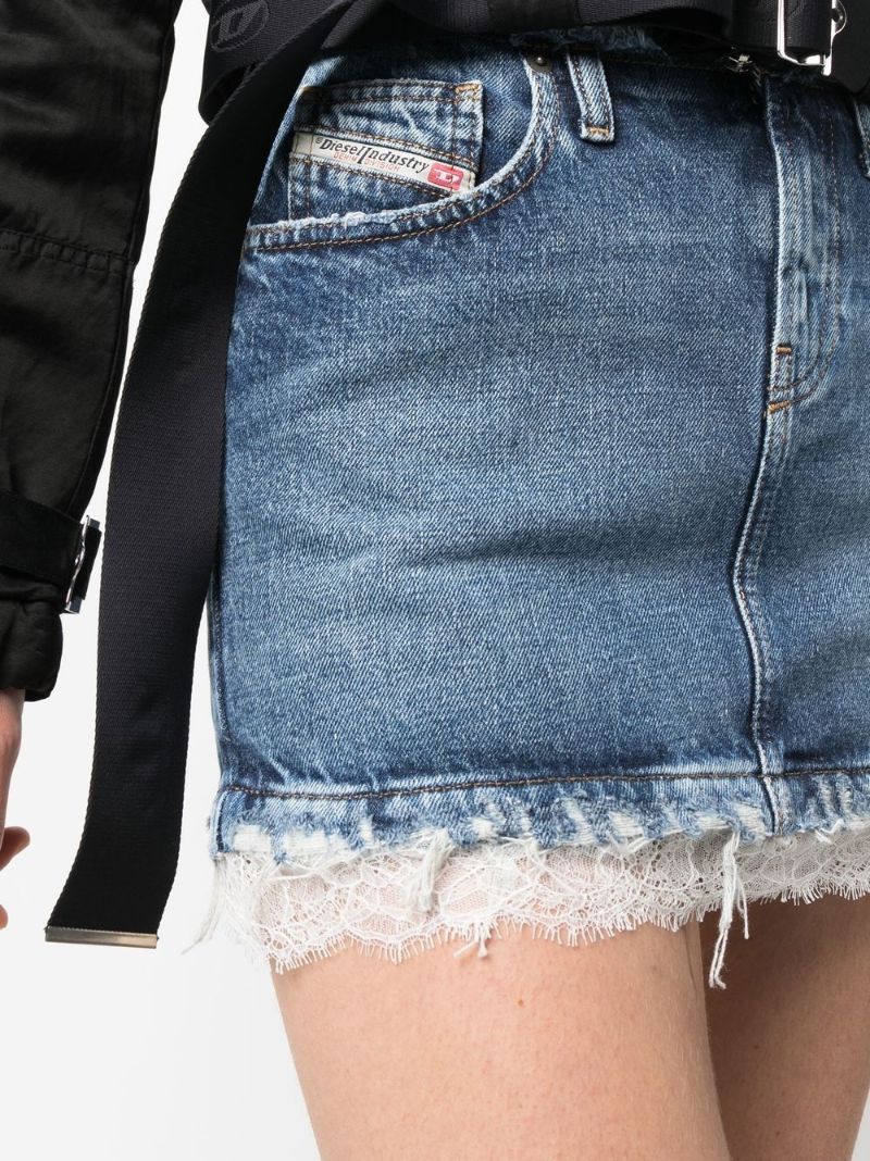 Blue Lace-trimmed Distressed Denim Mini Skirt