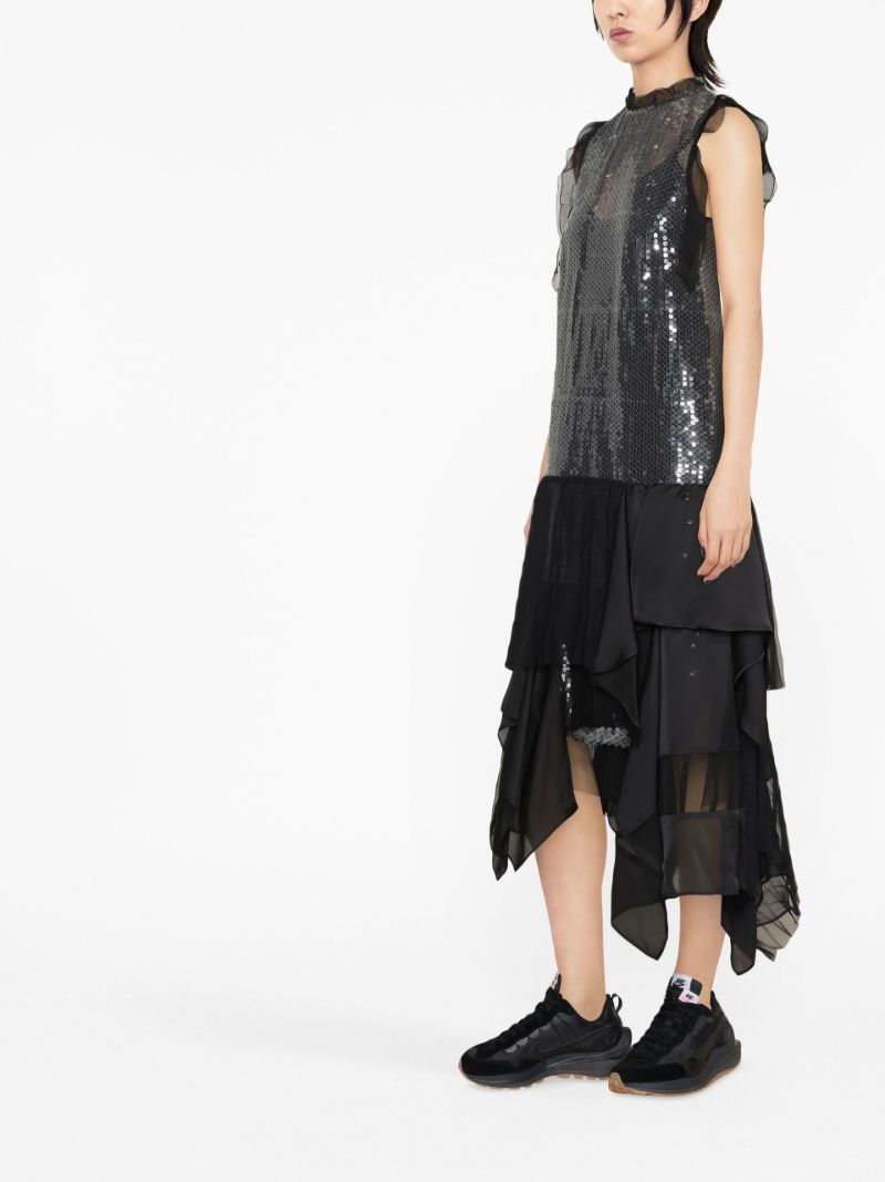 Black Sequinned Tulle Midi Dress