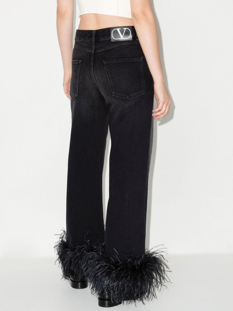 Black Straight Leg Feather Trim Jeans