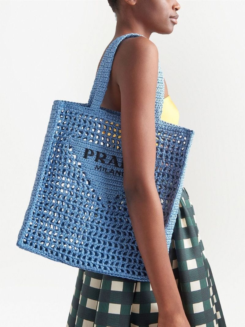 Blue Logo Raffia Tote Bag