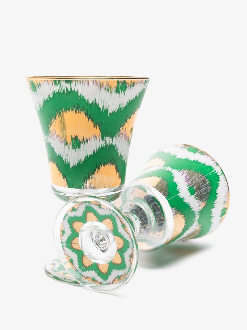 Green and Gold Ikat Wine Glass Set