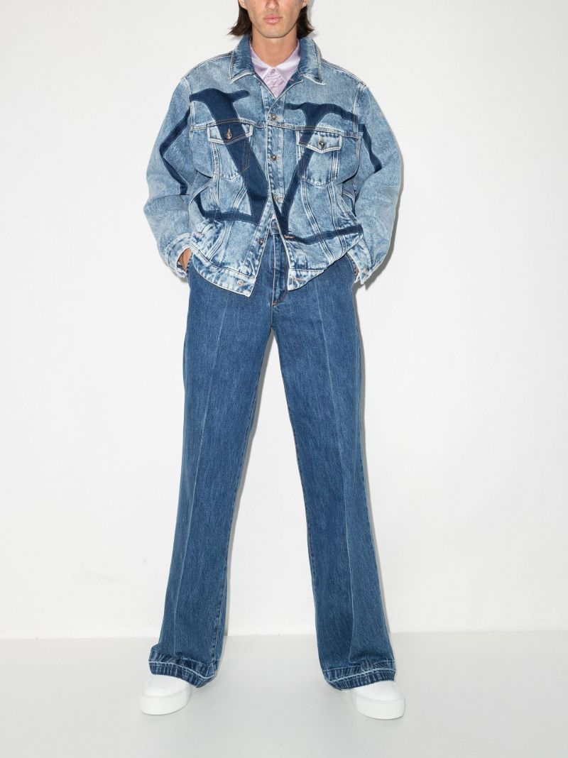 Blue Pleated Straight-leg Jeans
