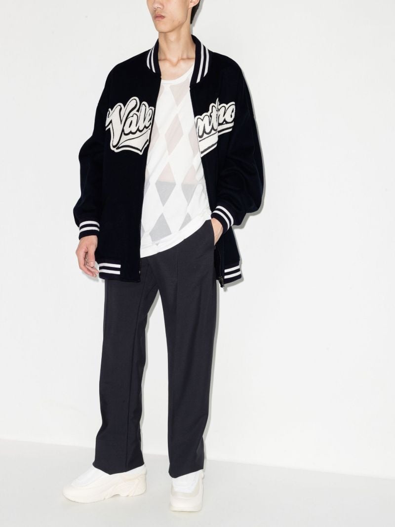 Blue Embroidered Logo Wool Bomber Jacket