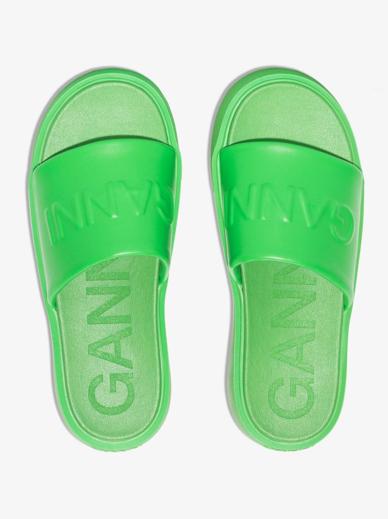 Green Logo Embossed Faux Leather Slides