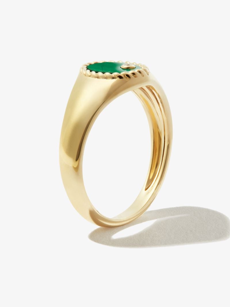 9k Yellow Gold Mini Ovale Malachite Diamond Signet Ring