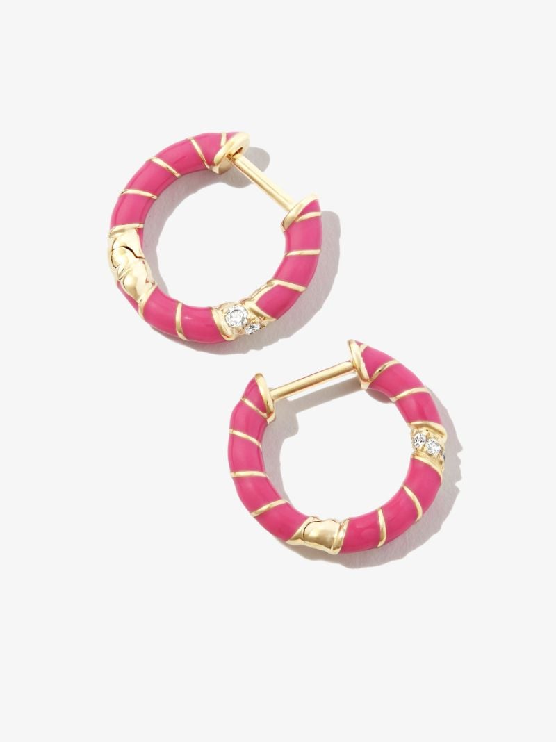 9k Yellow Gold Mini Torsade Enamel and Diamond Hoop Earrings