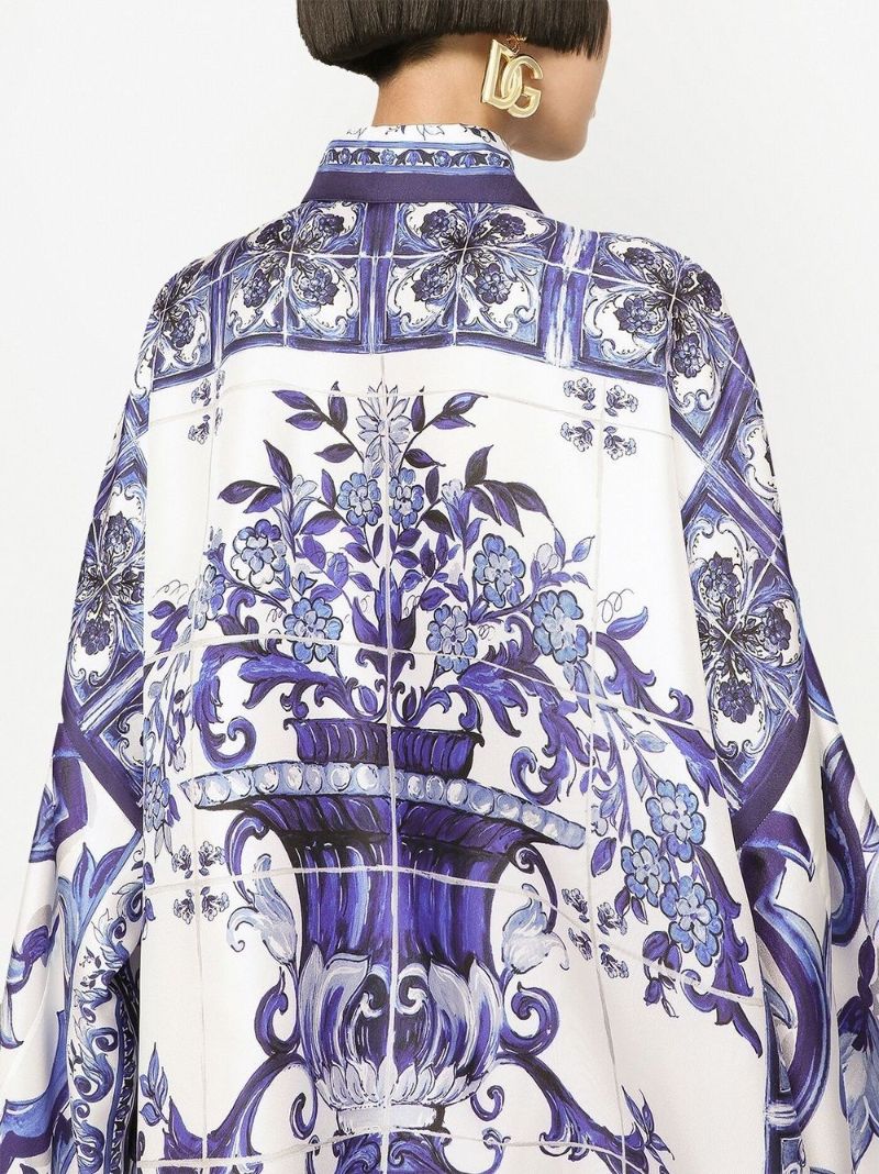 Blue and White Majolica Print Silk Shirt