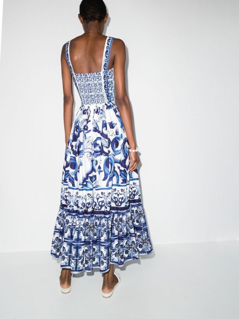 White Majolica Print Cotton Midi Dress