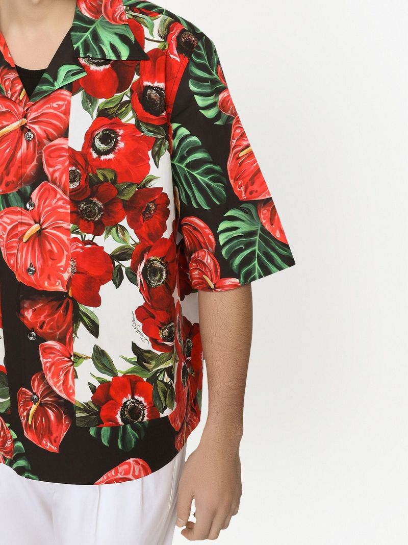 Black Floral Print Hawaiian Cotton Shirt