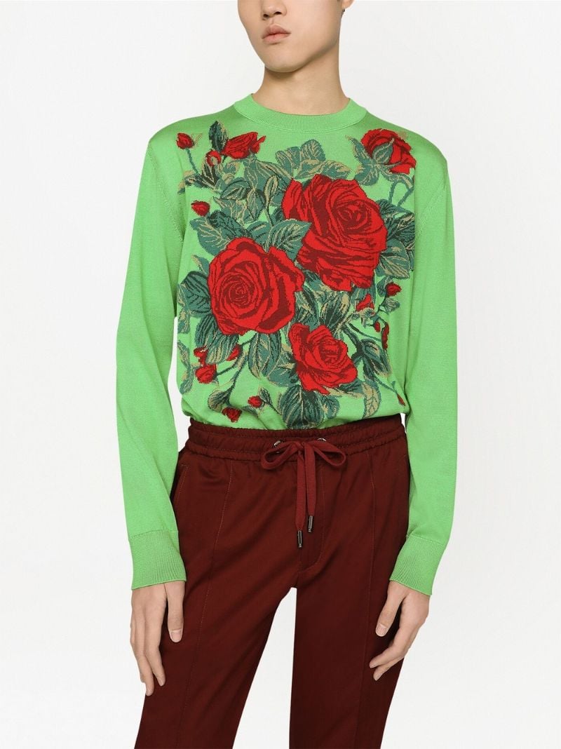 Green Floral-jacquard Silk Sweater