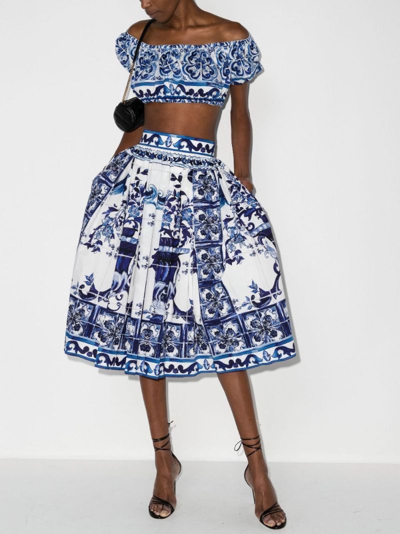 Blue Off-the-shoulder Majolica Print Crop Top