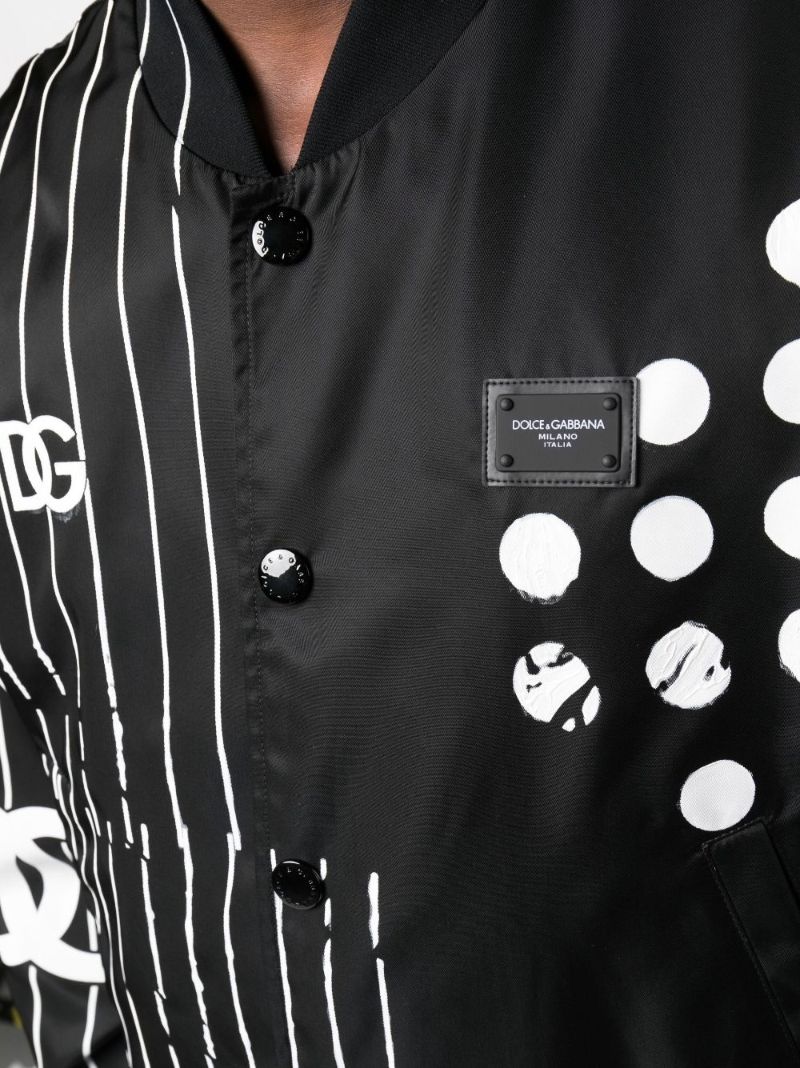 Black Polka Dot Stripe Print Bomber Jacket