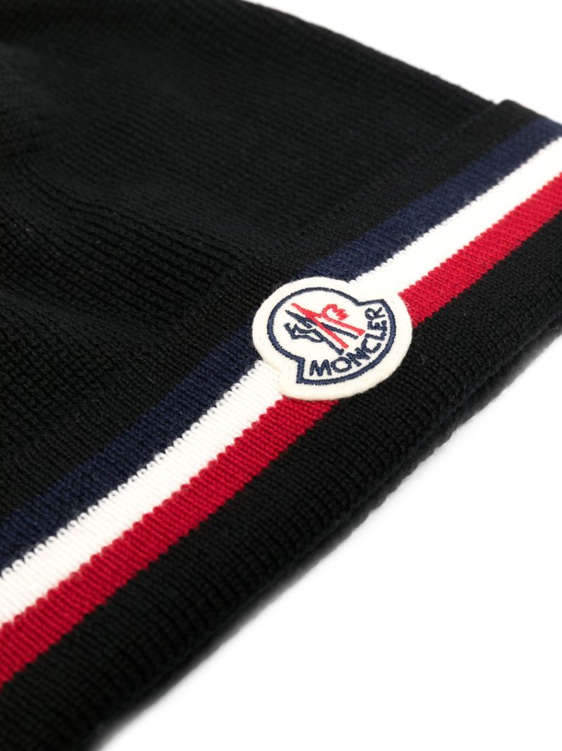 Black Stripe Detail Logo Patch Wool Beanie Hat