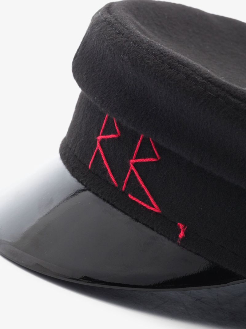 Black Monogram Embroidered Wool Baker Boy Hat