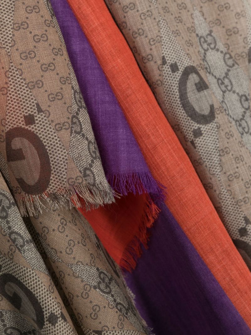 Brown Monogram Pattern Stripe Detail Wool Scarf