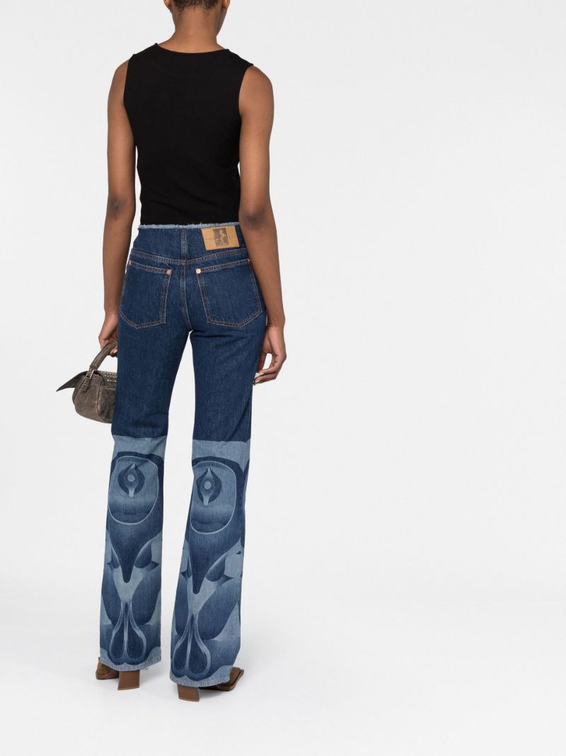 Blue Raw-edge Printed Bootcut Jeans