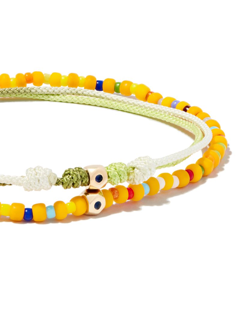 14k Yellow Gold Beaded and Cord Bracelet Set