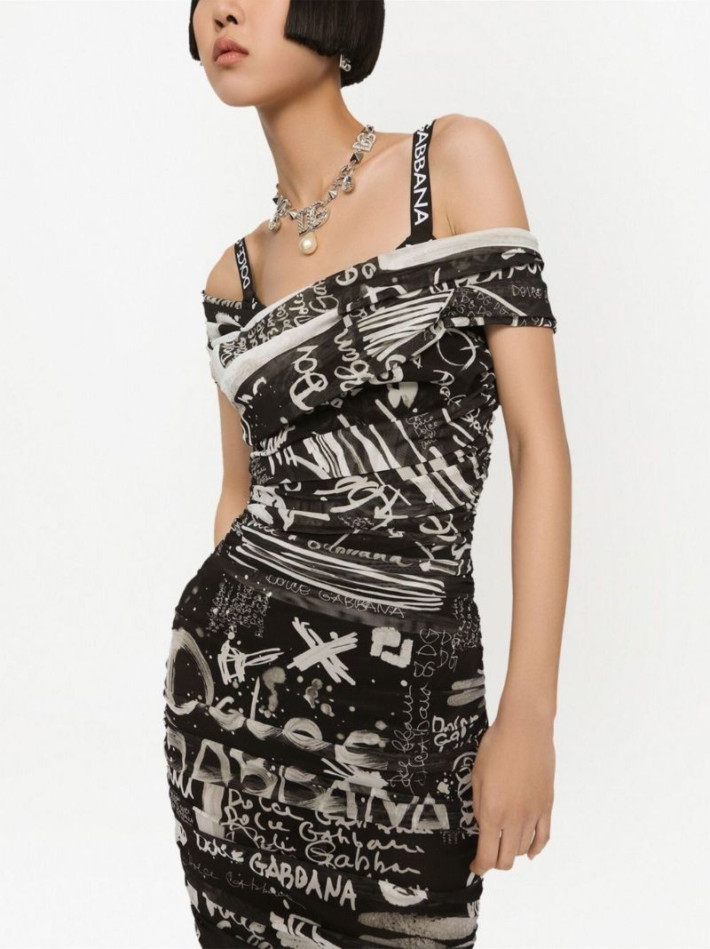 Black Graffiti Print Midi Dress