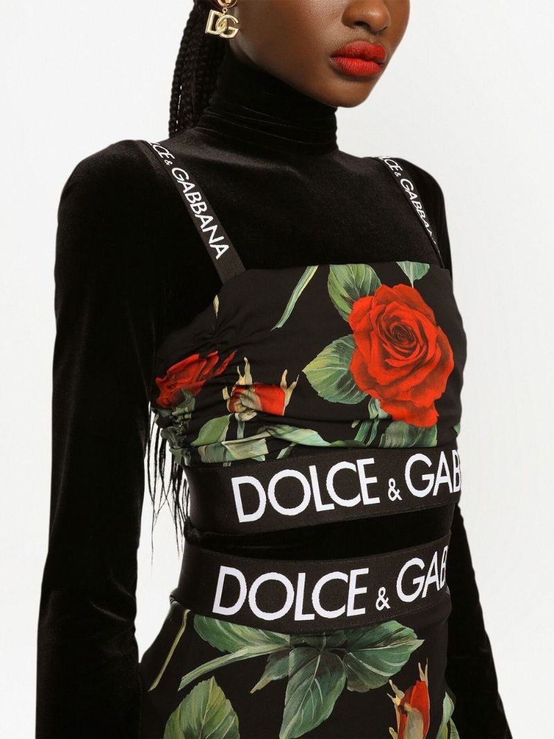 Black Rose Print Silk Crop Top