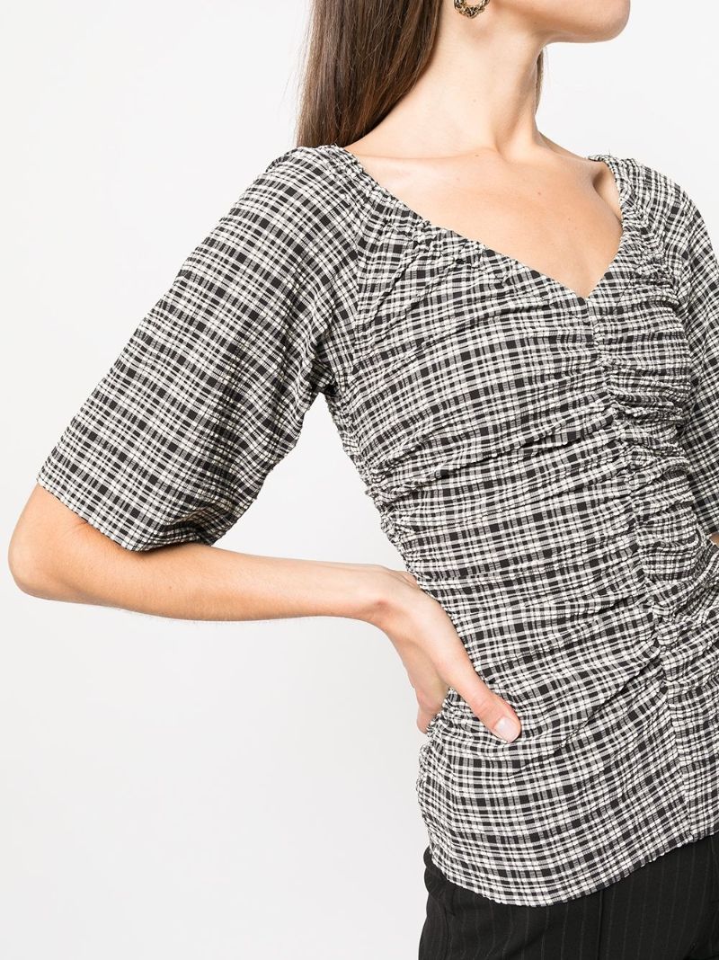 Black and White Check Print V-neck Top