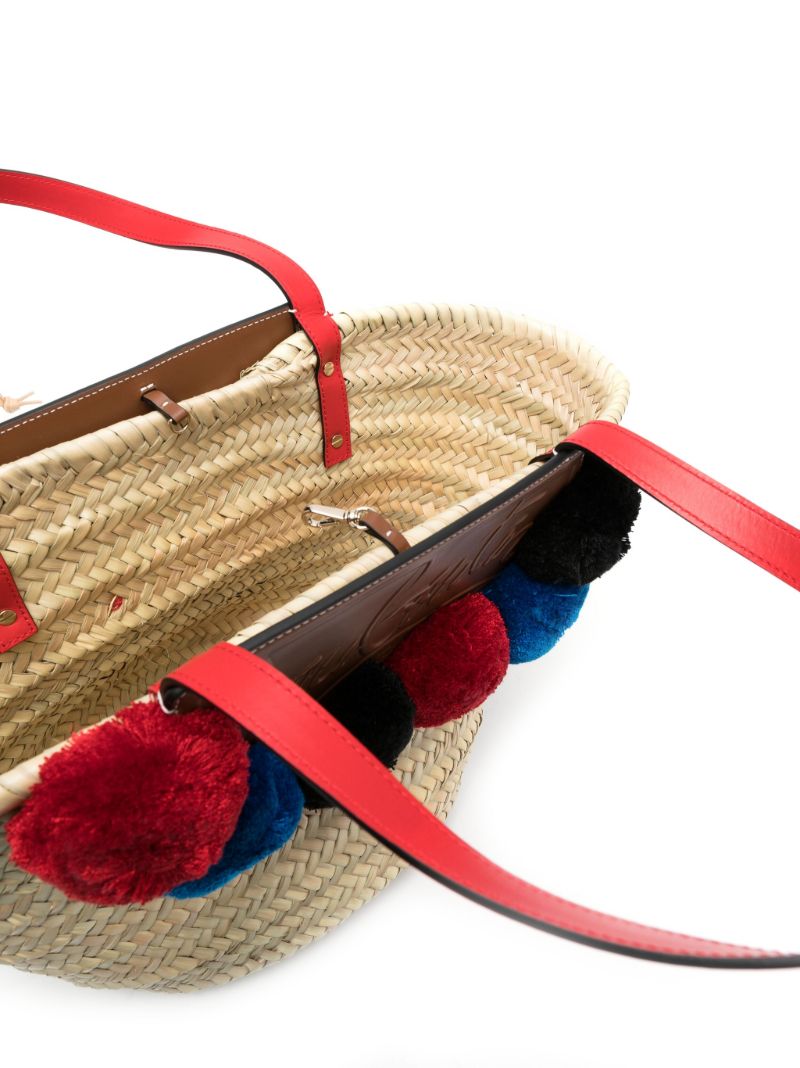 Neutral Loubishore Raffia Pom-pom Tote Bag
