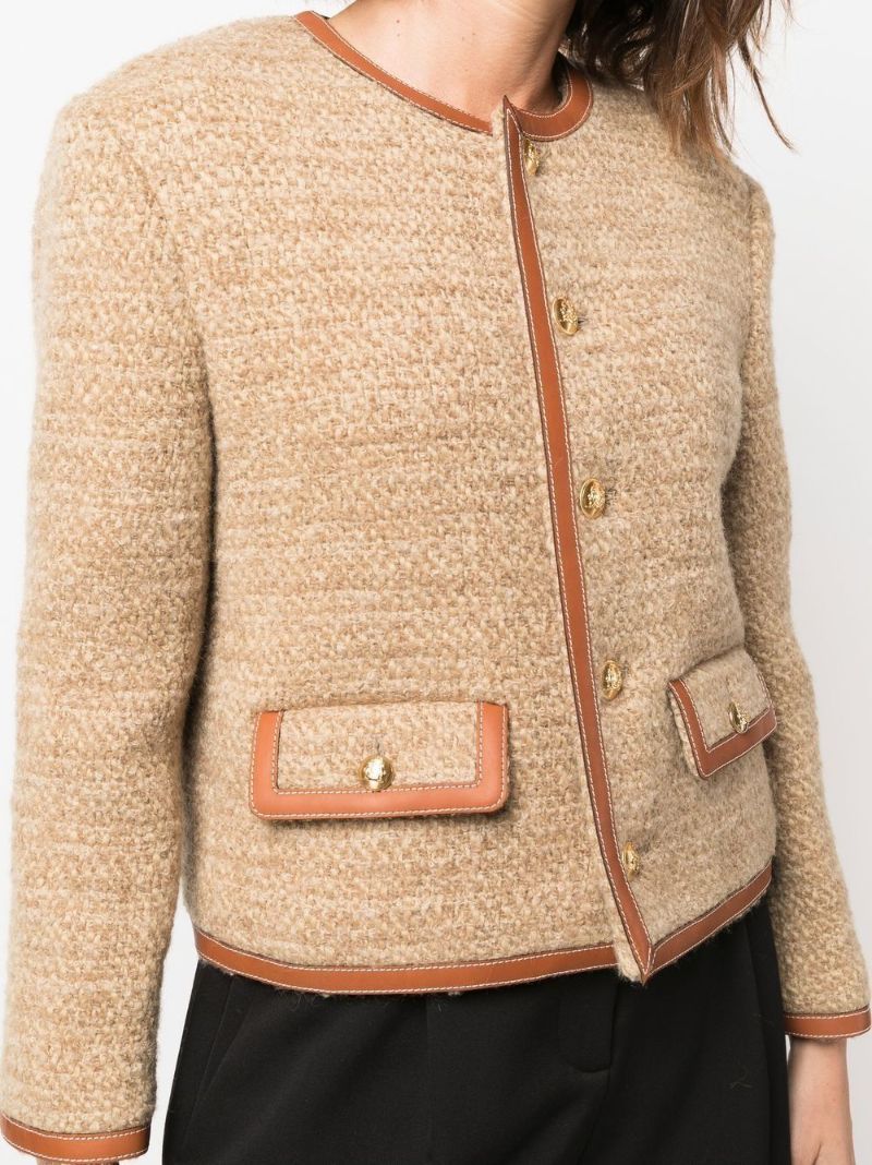 Beige Leather-trim Tweed Jacket