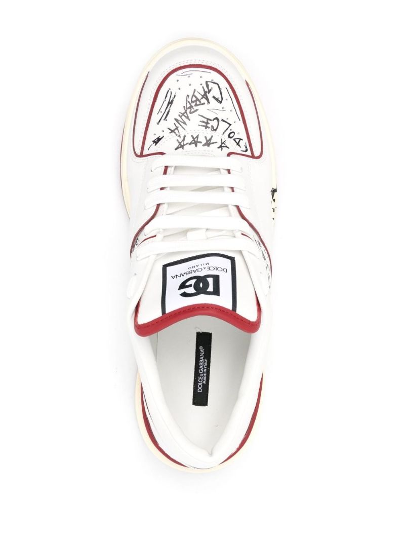 White New Roma Graffiti Print Leather Sneakers