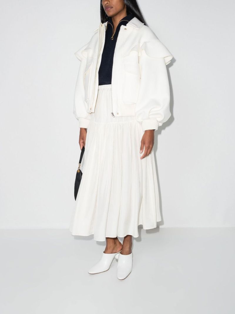 White Ruffled Virgin Wool Bomber Jacket