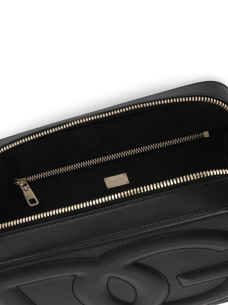 Black Embossed Logo Medium Leather Camera Bag