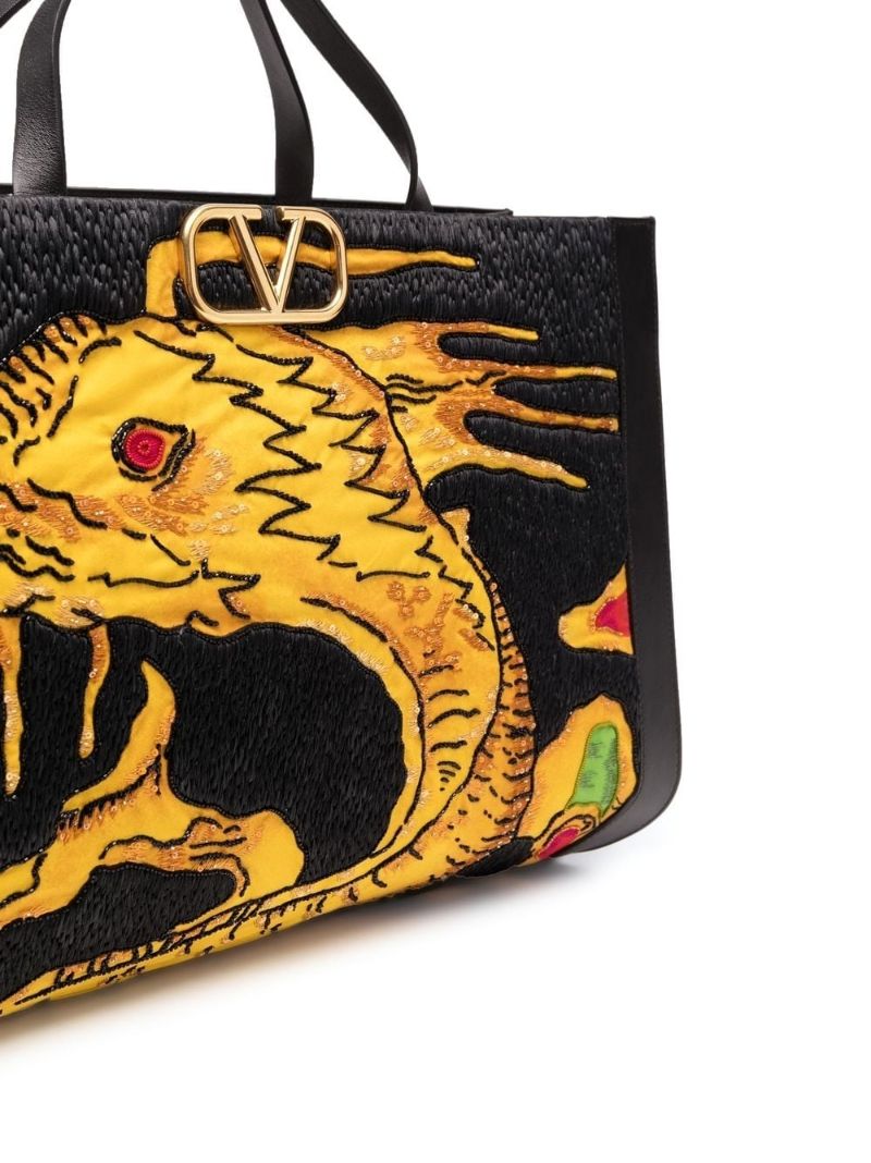 Black Drago Re-edition Vlogo Embroidered Leather Tote Bag