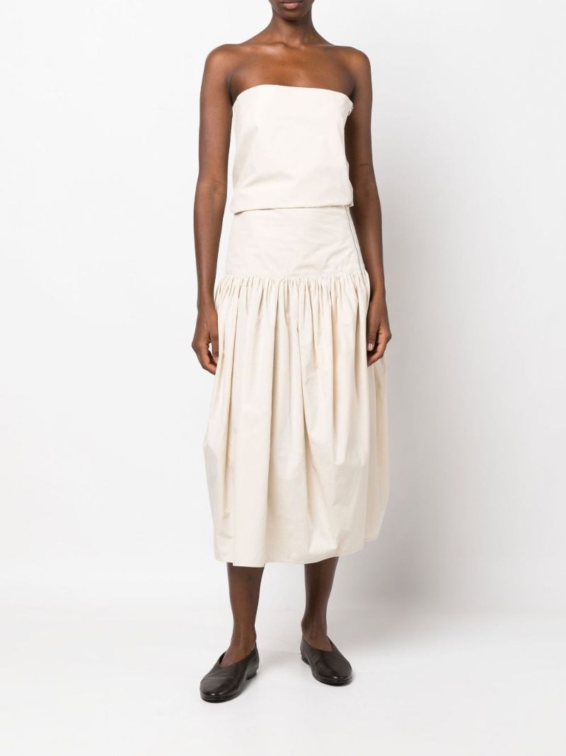 Neutral Ruched Cotton Midi Skirt