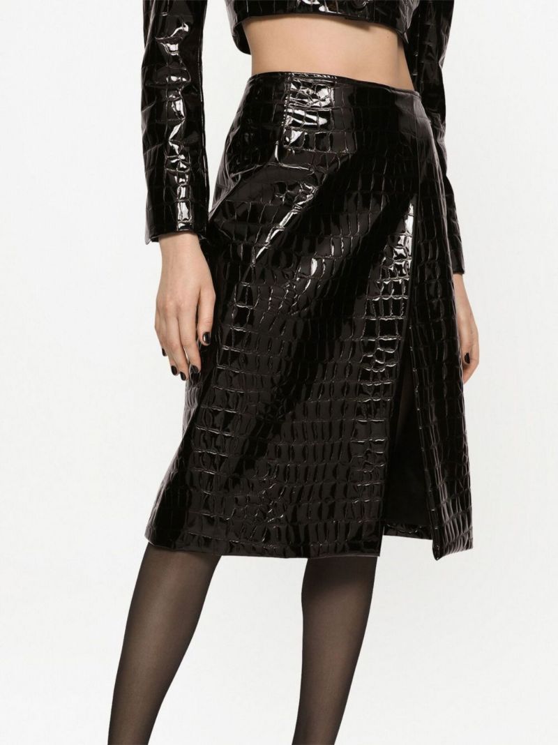 Black Alligator Print Faux Leather Midi Skirt