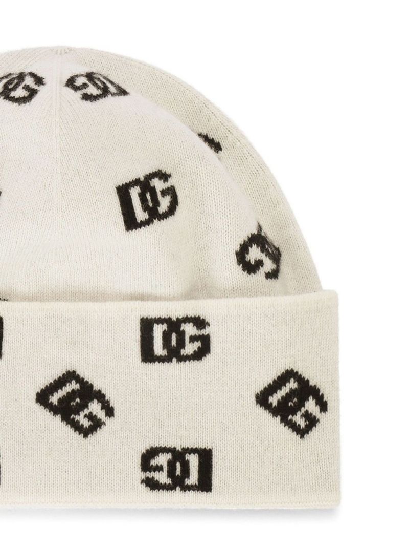 White Logo Intarsia Beanie Hat