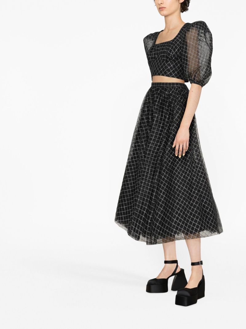 Black Checked Chiffon Midi Skirt