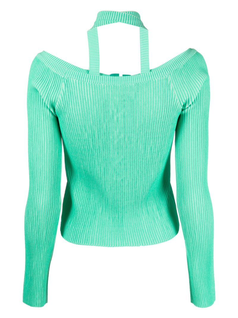 Green Lace-up Ribbed-knit Top
