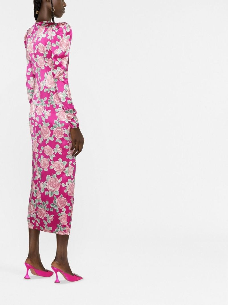 Pink Rose Print Silk Midi Dress