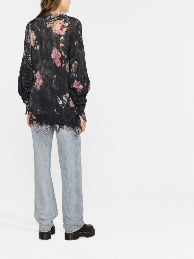 Black Floral Print Distressed Sweater