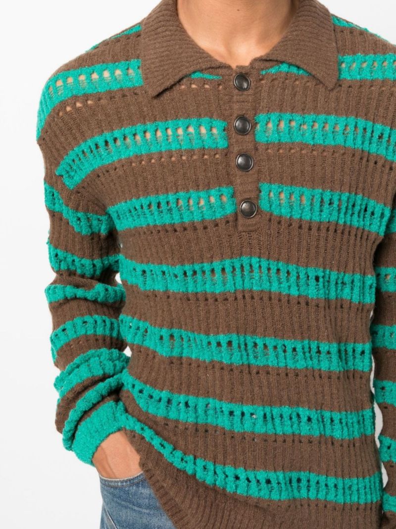 Green Striped Open-knit Polo Top