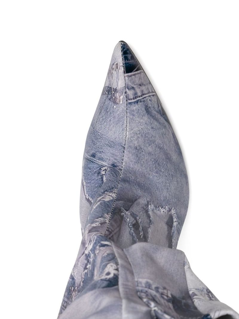 Grey Jeans Print Cargo Thigh-high Boots