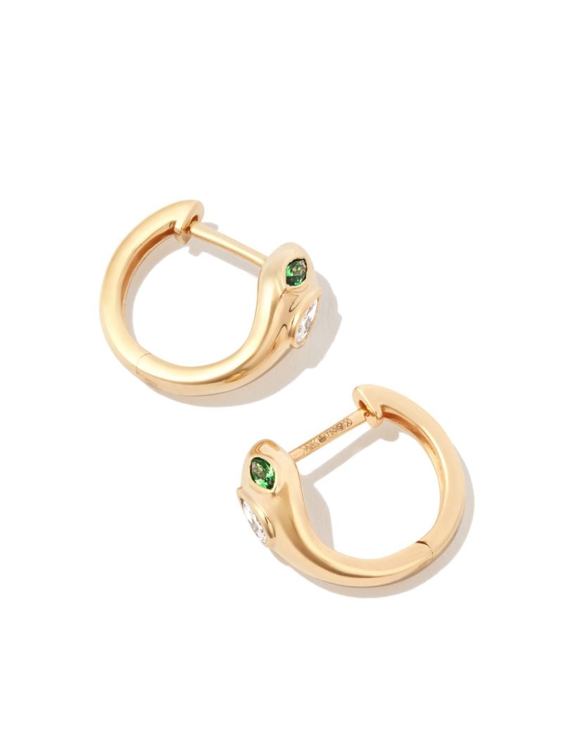 18k Yellow Gold Snake Diamond and Emerald Huggie Earrings