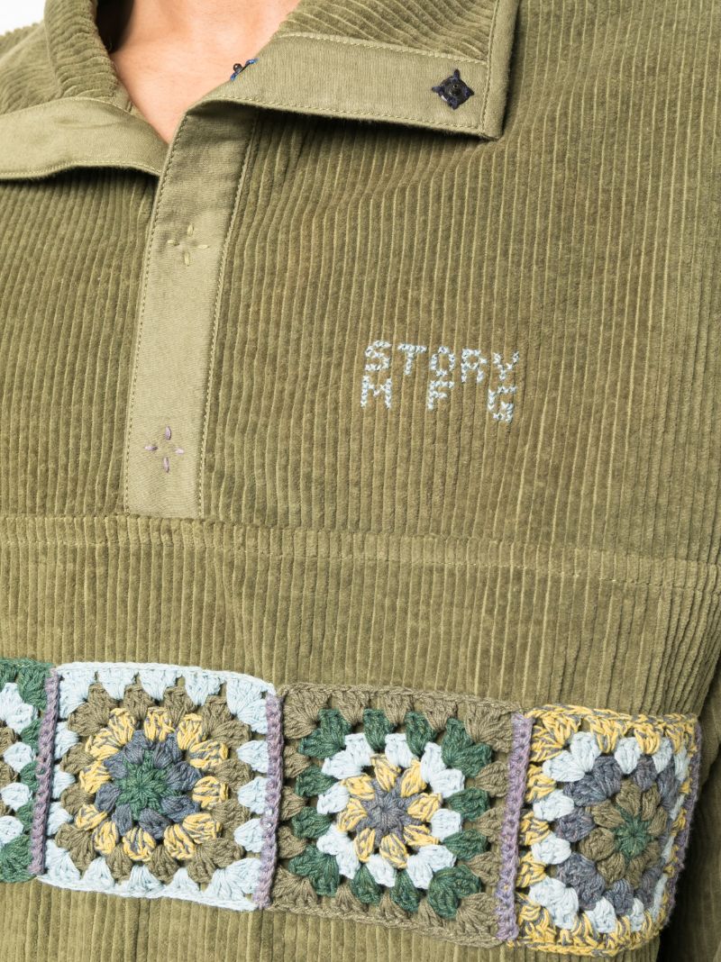 Green Polite Crochet-panel Corduroy Pullover