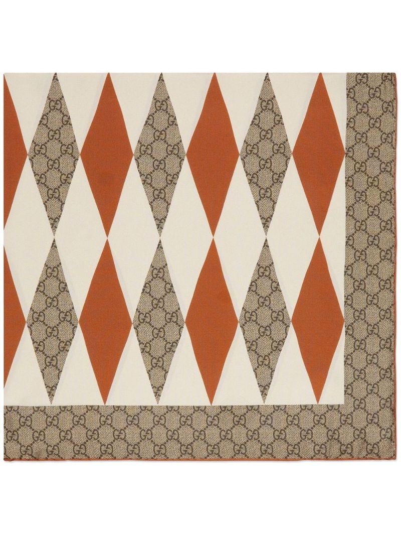 Beige Argyle Print Monogram Square Silk Scarf