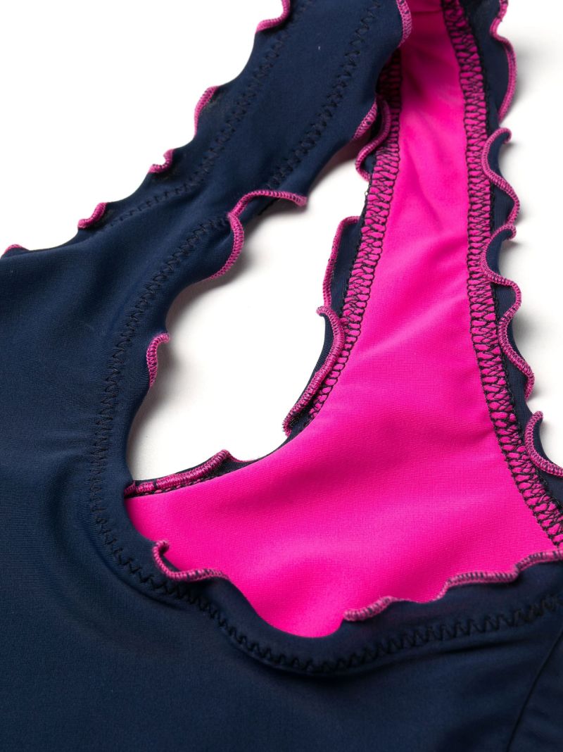 Blue and Pink Ruffle Racerback Bikini Top
