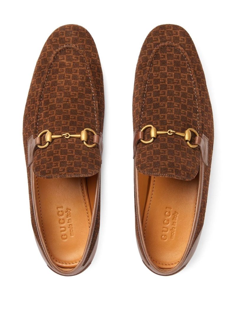 Brown Horsebit Monogram Suede Loafers