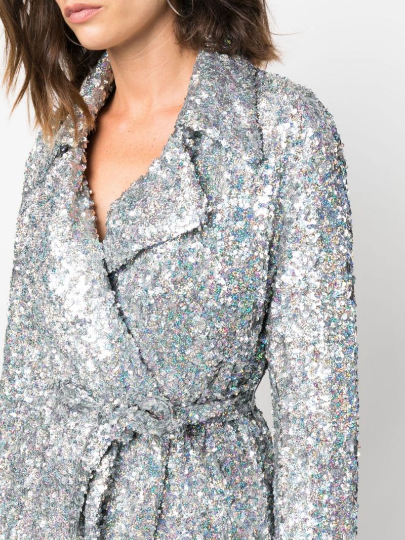 Silver Sequinned Belted Trench Coat